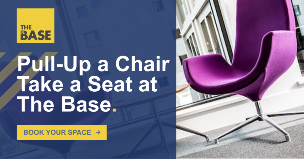 An image that says 'Pull-up a chair, take a seat at The Base' with a picture of a purple chair, The Base logo and a yellow button that says 'Book your space'.